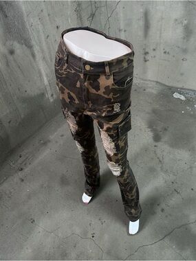 Camo Distressed Cargo stacked Skinny Jeans - Brown/Green
